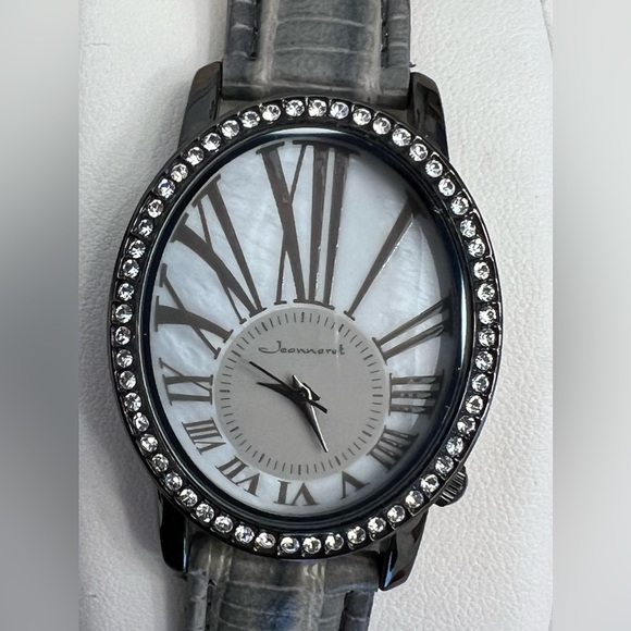 Jeanneret Ladies Watch Crystal Embellishments Pearl Dial Genuine Leather Strap - Picture 3 of 10